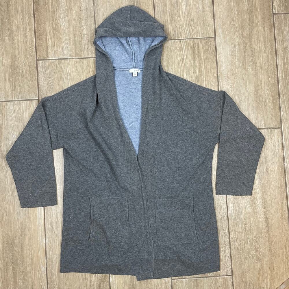 J Jill Pure Jill Hooded Cardigan Womens L Gray Wool Blend Open Front Sweater